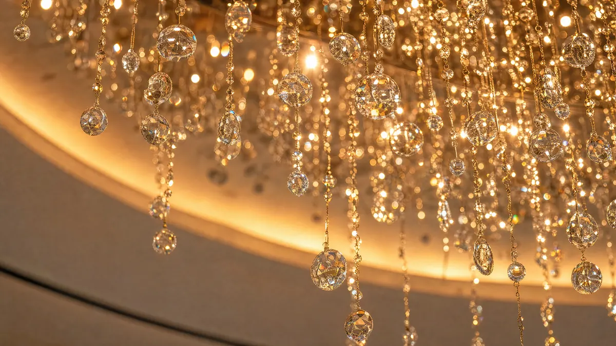 Penthouse Dubai, close-up of the crystal chandelier in warm light