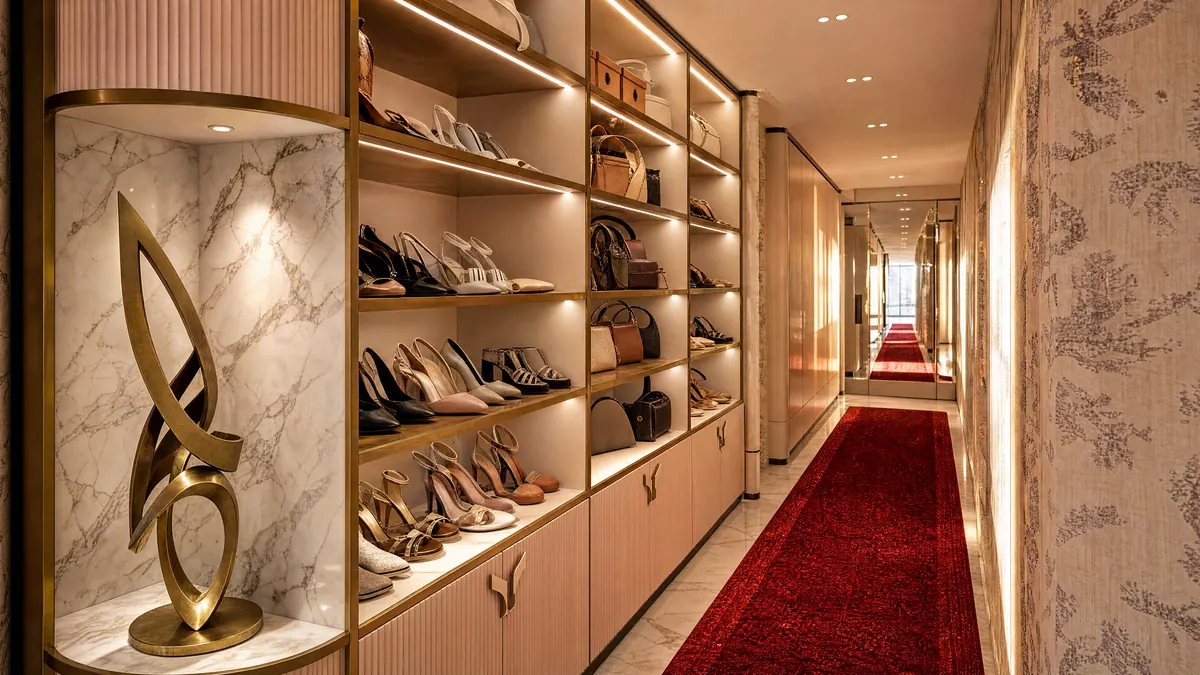 Penthouse Dubai, dressing corridor with shoe display, a brass sculpture and a red carpet