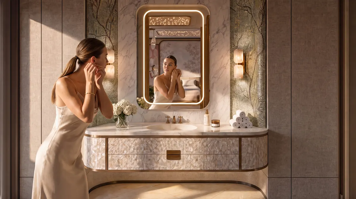 Penthouse Dubai, bathroom vanity with a backlit mirror, a woman getting ready