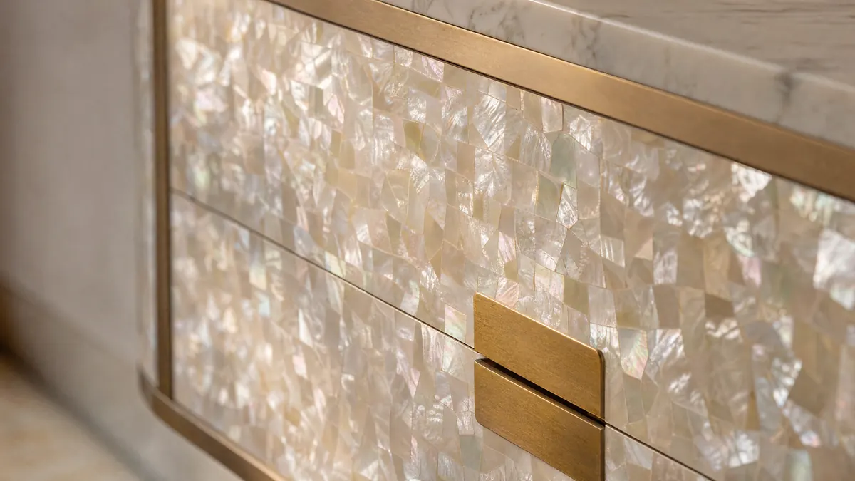 Penthouse Dubai, close-up of a mother-of-pearl cabinet with a brass handle