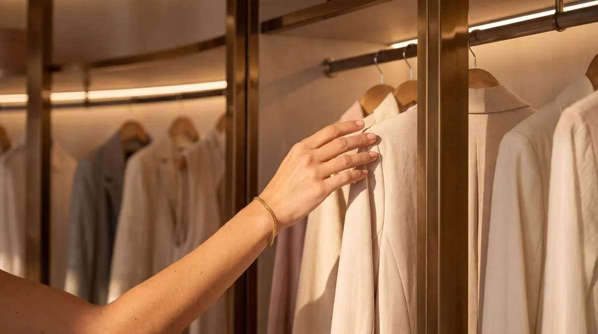 Penthouse Dubai, walk-in wardrobe, a hand reaching for a shirt on brass rails