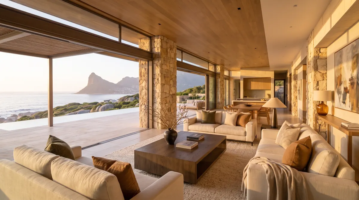 Villa Cape Town, open-plan living room facing the ocean at sunset