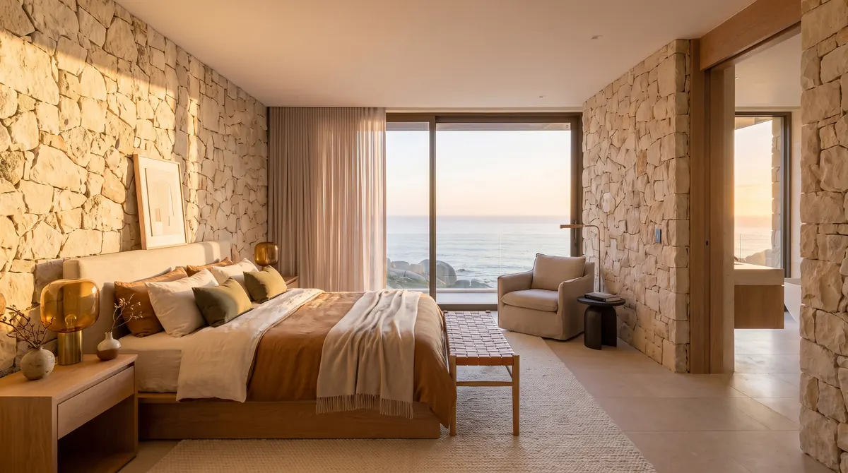 Villa Cape Town, bedroom with stone walls and a view of the sea