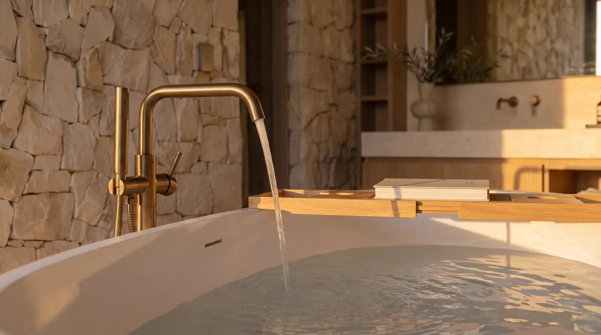 Villa Cape Town, freestanding bathtub with a brass tap against a stone wall