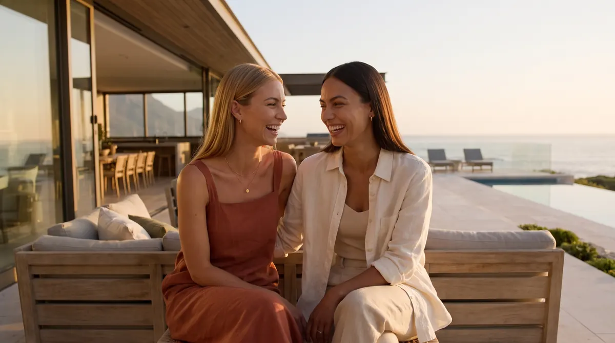 Villa Cape Town, two friends laughing on the terrace by the pool