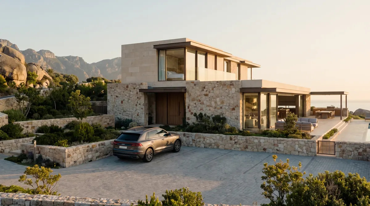 Villa Cape Town, front of the villa with stone walls and the driveway