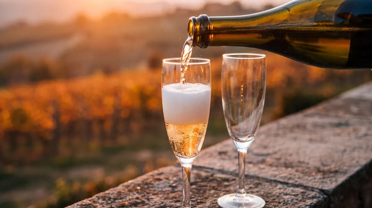 Ca' dei Colli, prosecco poured into two glasses above the vineyards at sunset