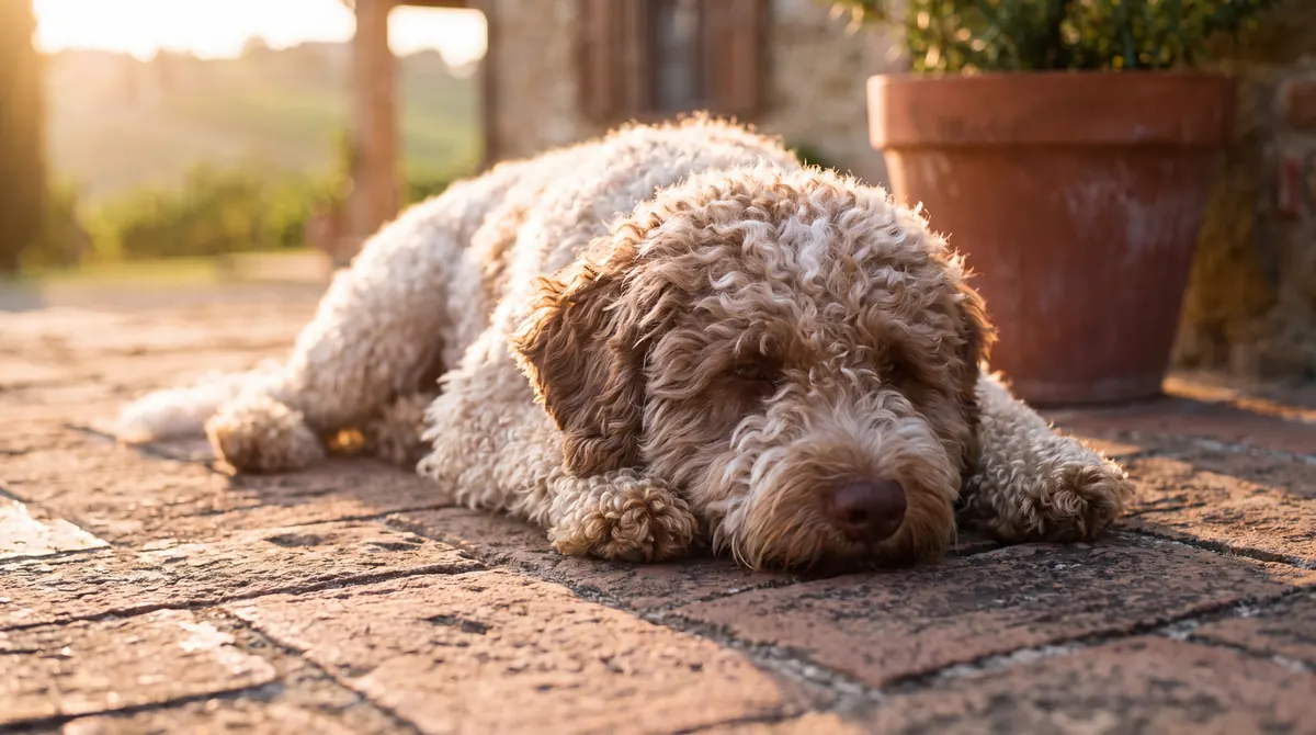Ca' dei Colli, a curly dog resting on the brick terrace