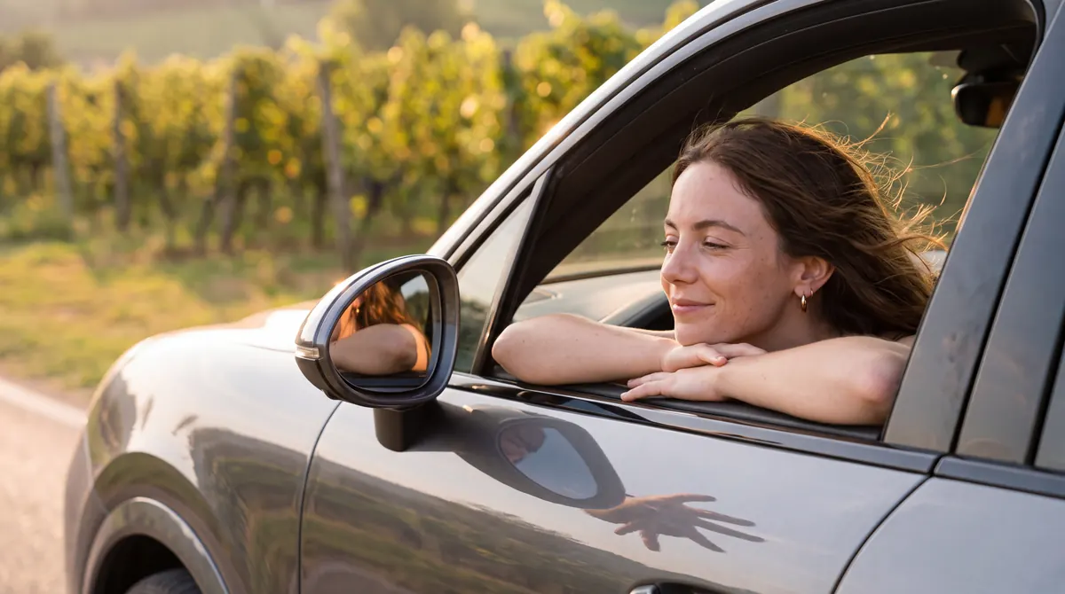 Ca' dei Colli, woman smiling from a car window among the vineyards