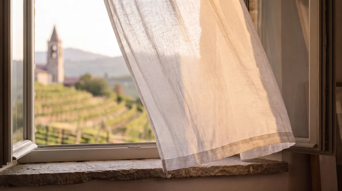 Ca' dei Colli, open window with a white curtain, vineyards and a bell tower outside
