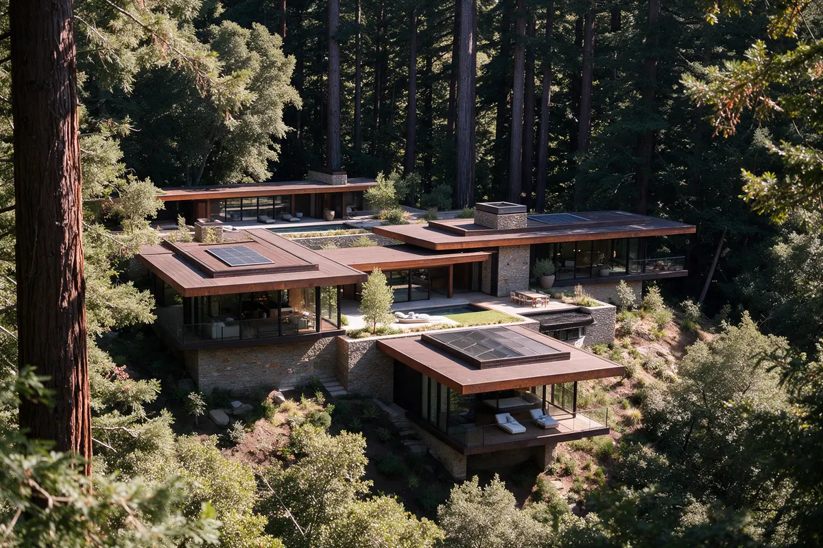 Forest House, aerial view of the house among the redwoods