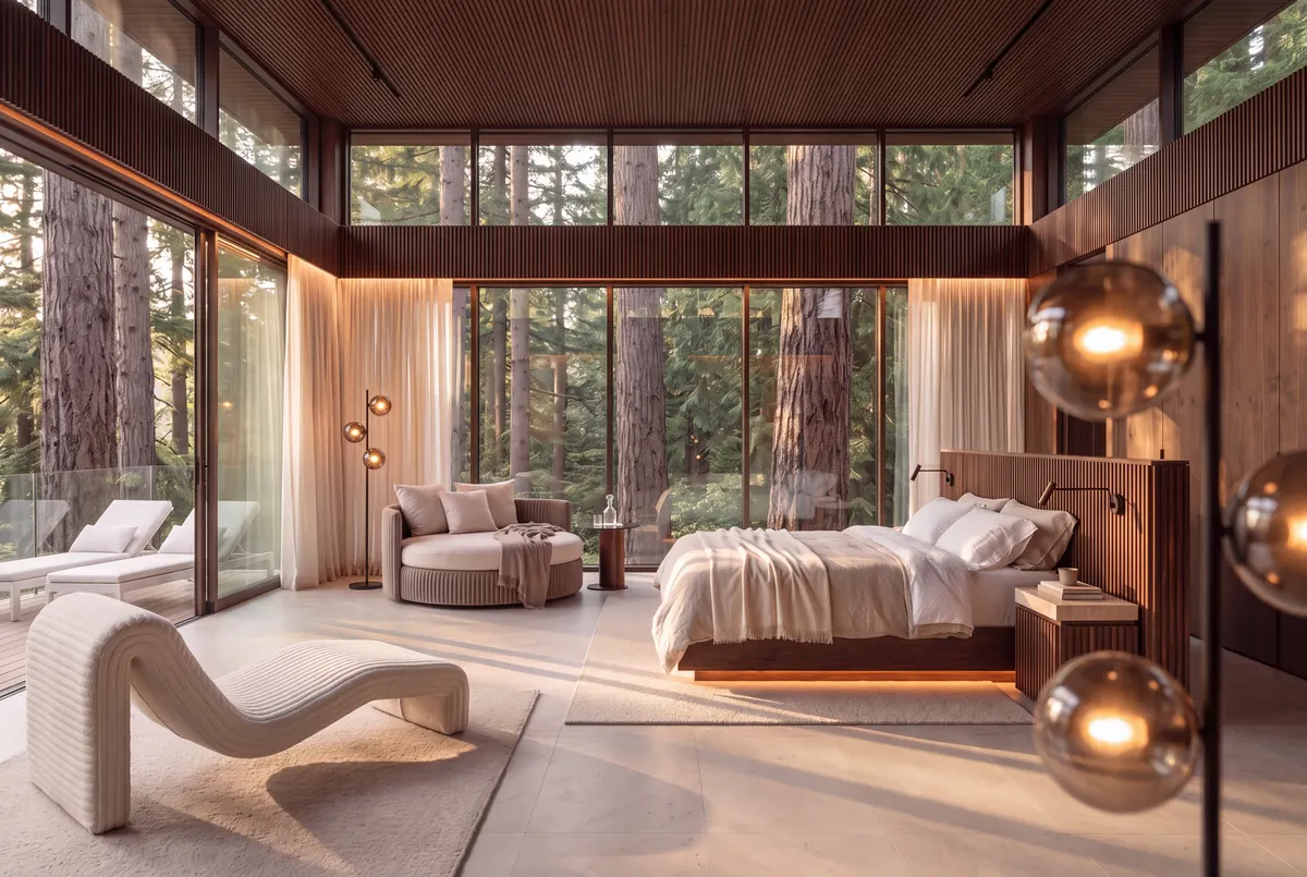 Forest House, bedroom with full-height glazing onto the forest