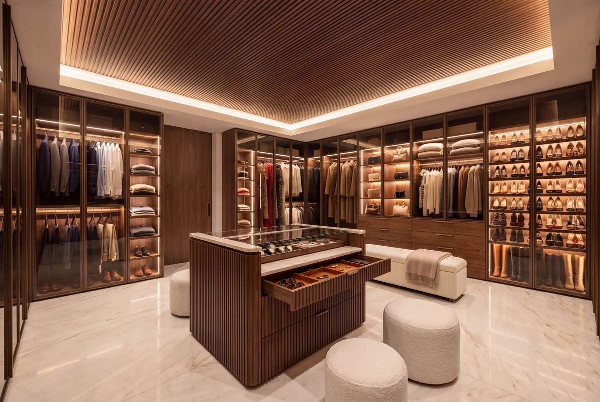 Forest House, walk-in wardrobe with lit display cabinets and a central island