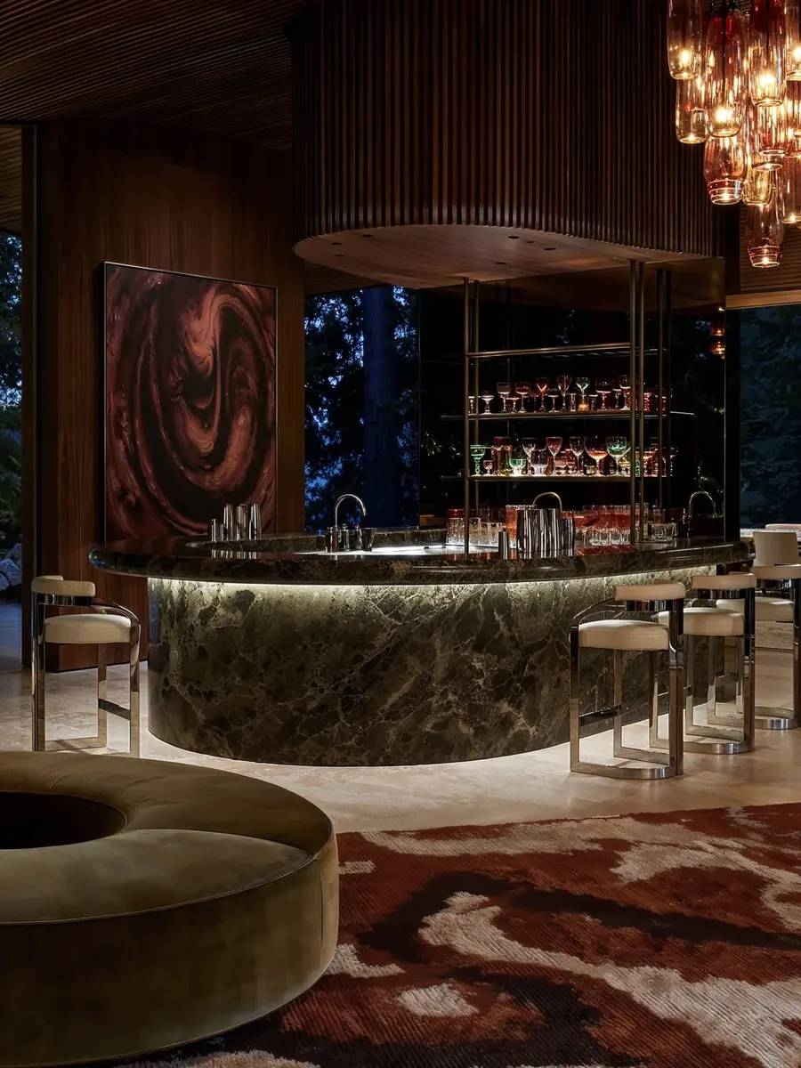 Forest House, bar with a green stone counter and a patterned rug
