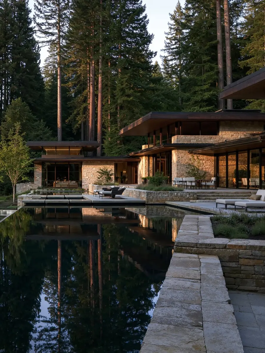 Forest House, the house reflected in a pond among the trees