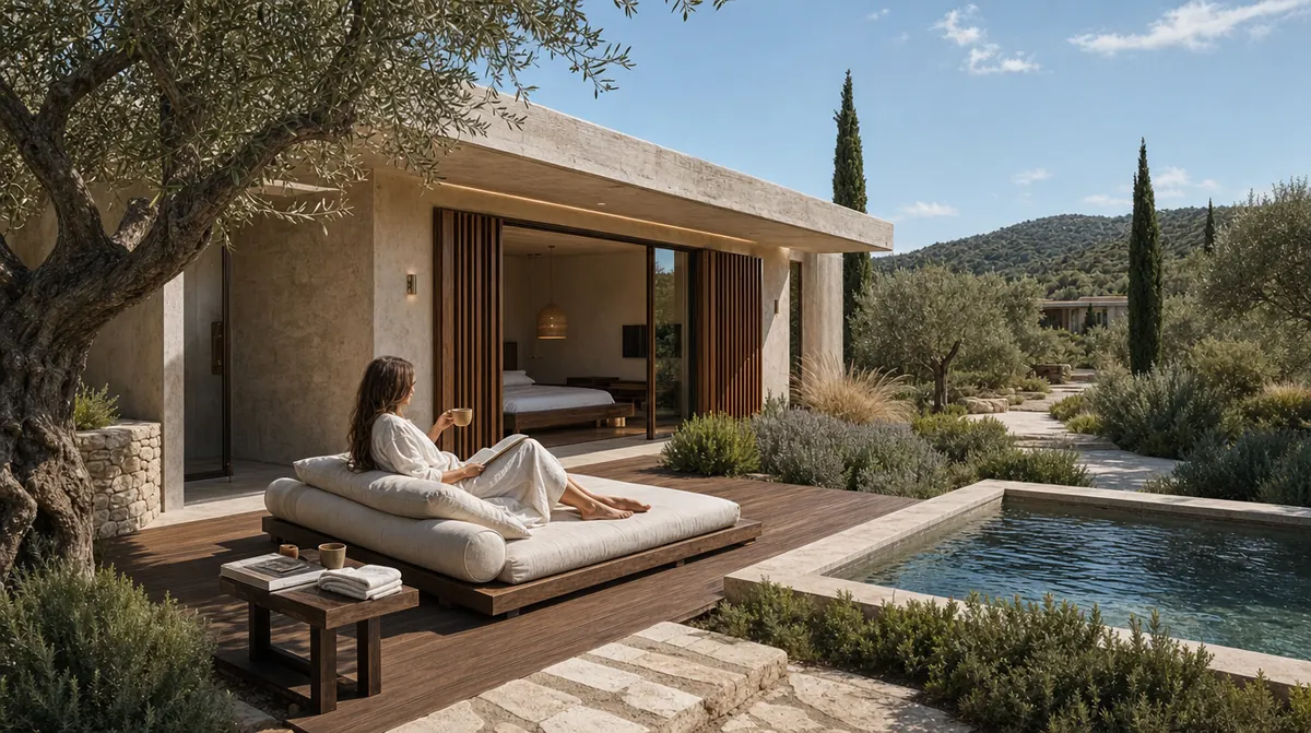 Hygeia Grove, suite terrace with a daybed and a private plunge pool among olive trees
