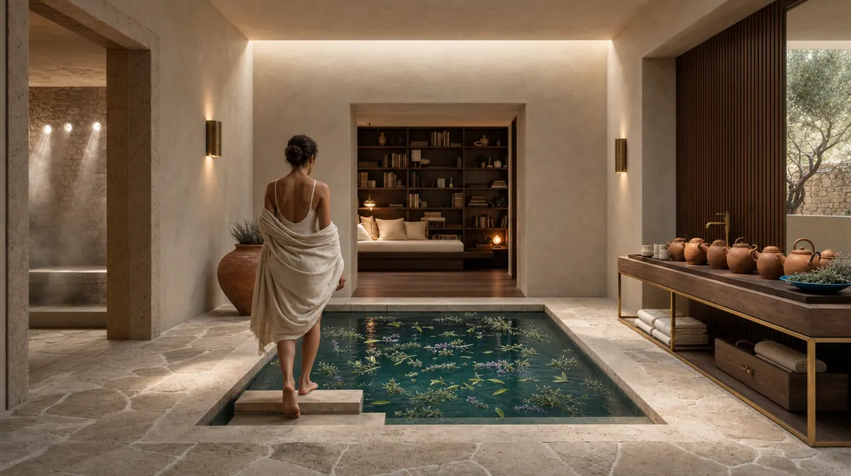 Hygeia Grove, spa with an indoor pool, a guest in a white robe