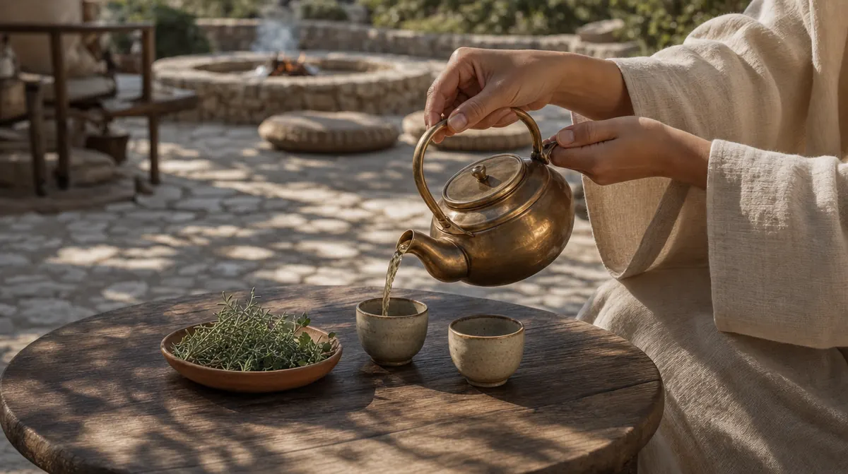 Hygeia Grove, herbal tea poured from a brass teapot on the terrace