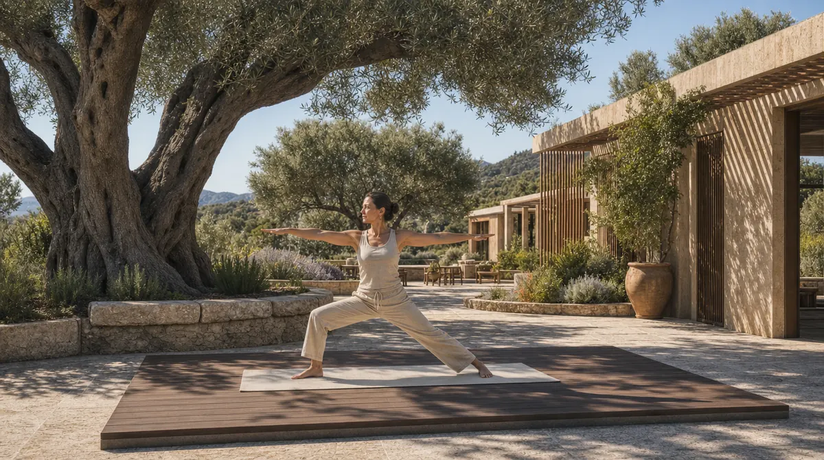 Hygeia Grove, yoga on a wooden deck under the olive trees