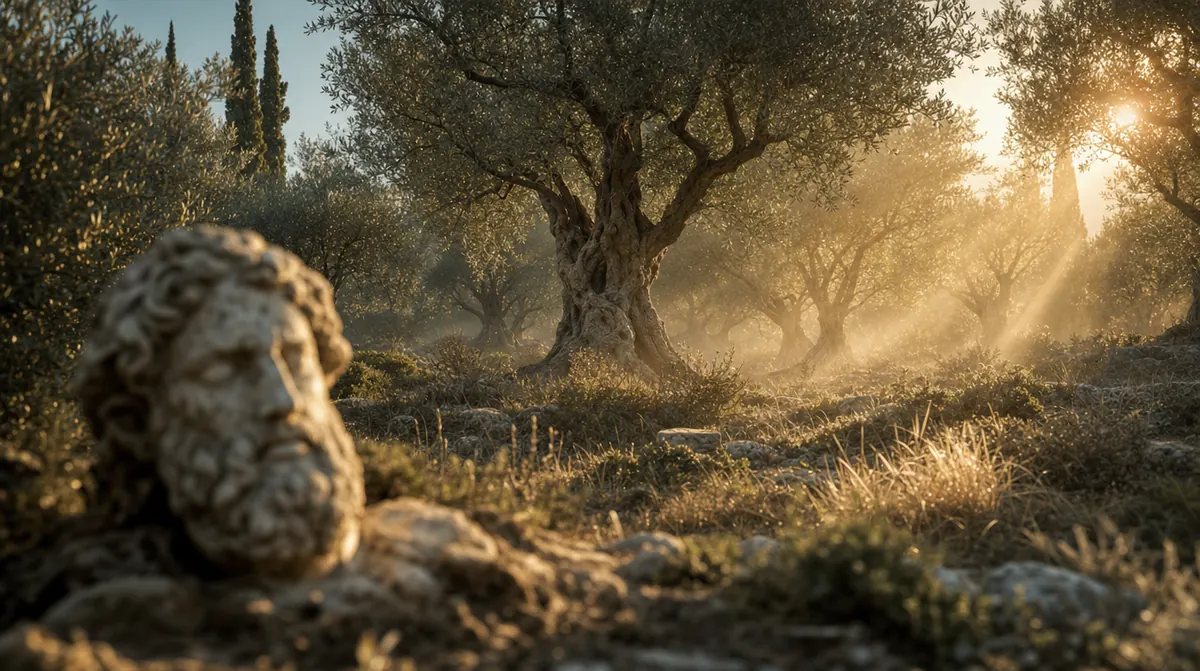 Hygeia Grove, an ancient stone head in an olive grove at sunrise