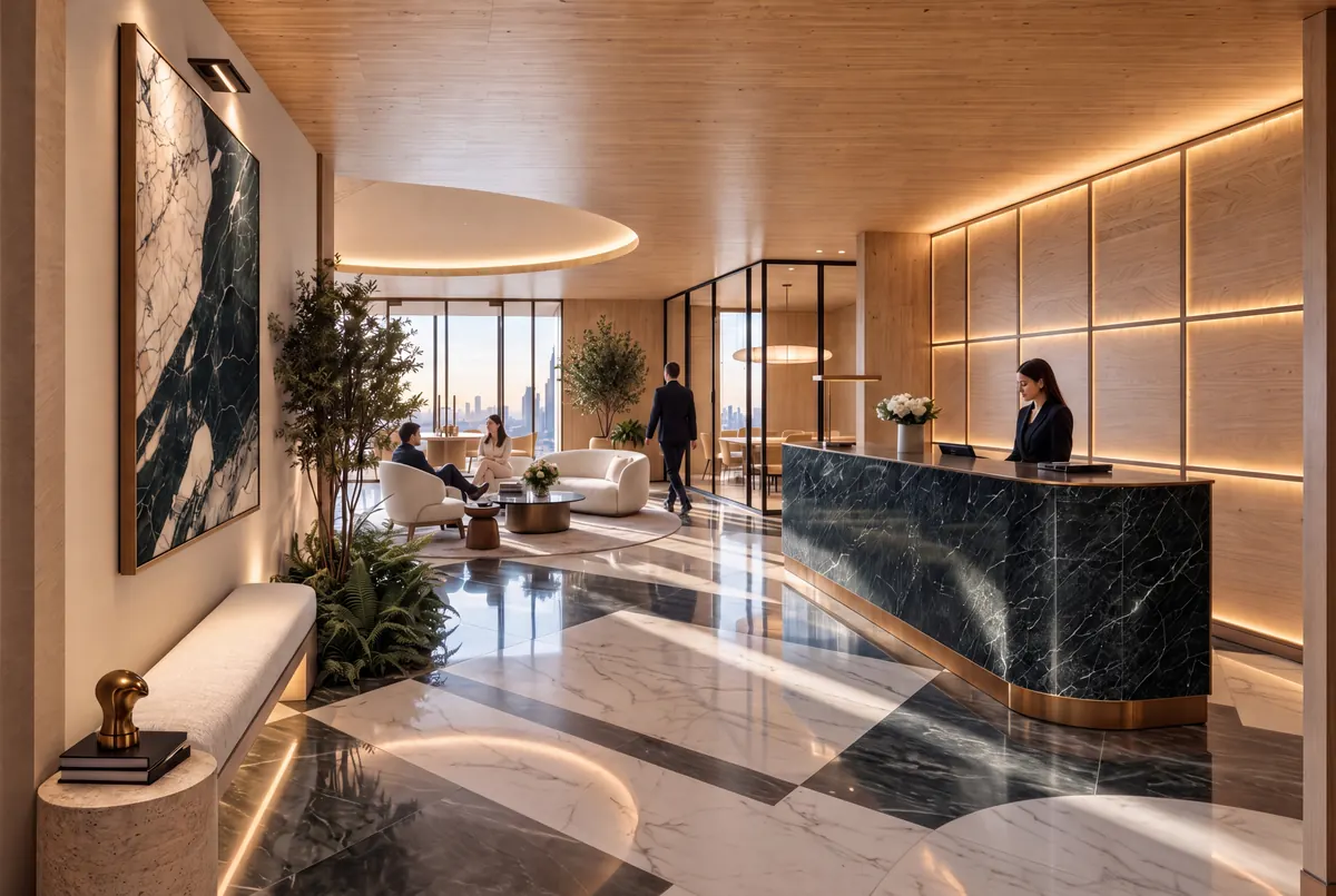 Elvira Dubai, lobby with a marble reception desk and a view of the city