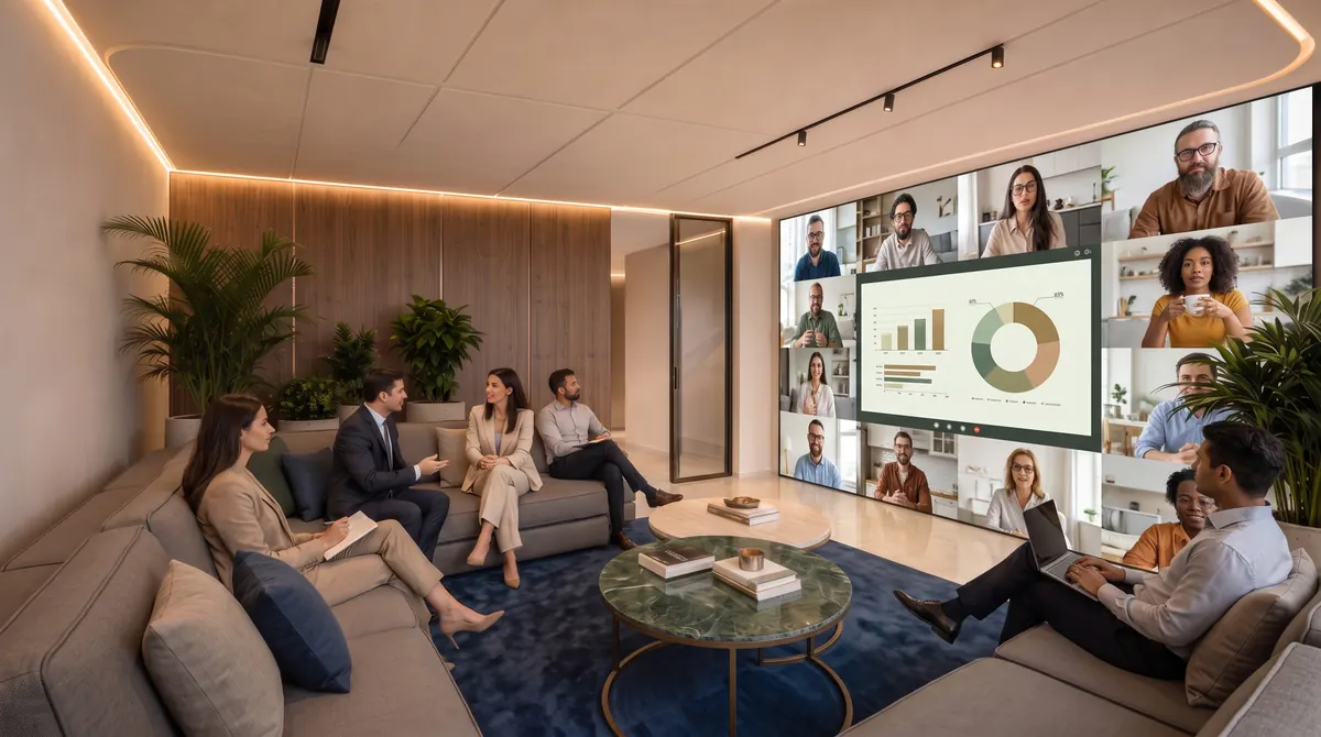 Elvira Dubai, informal meeting area with a video call on a large screen