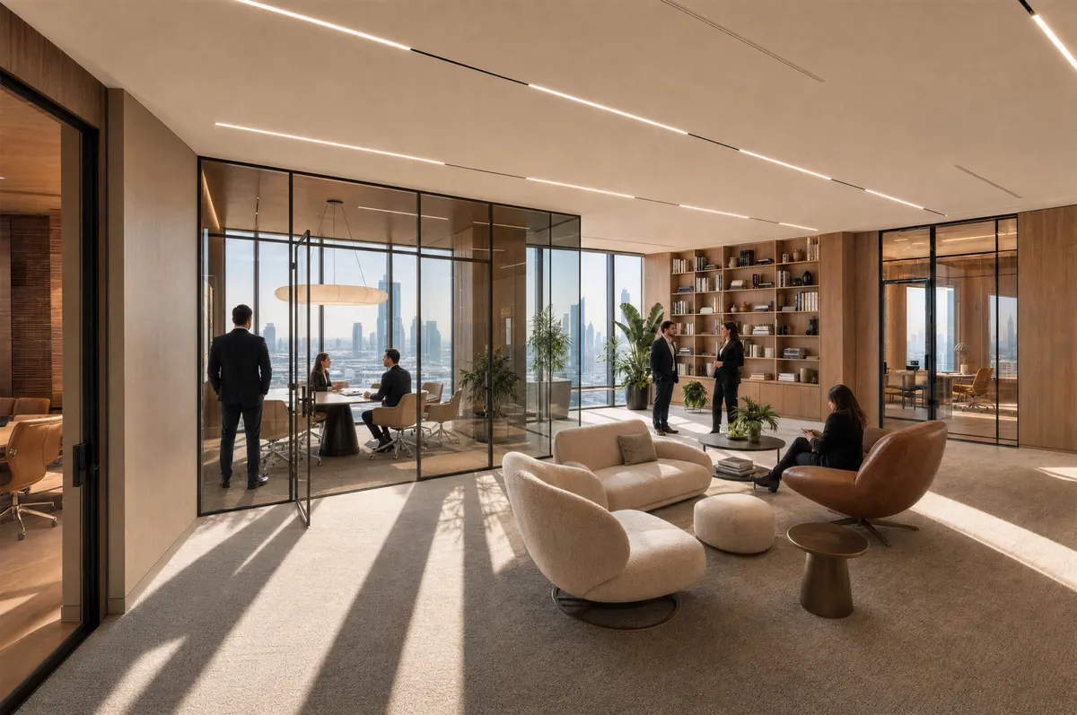 Elvira Dubai, workspace with glass offices and armchairs in the sun