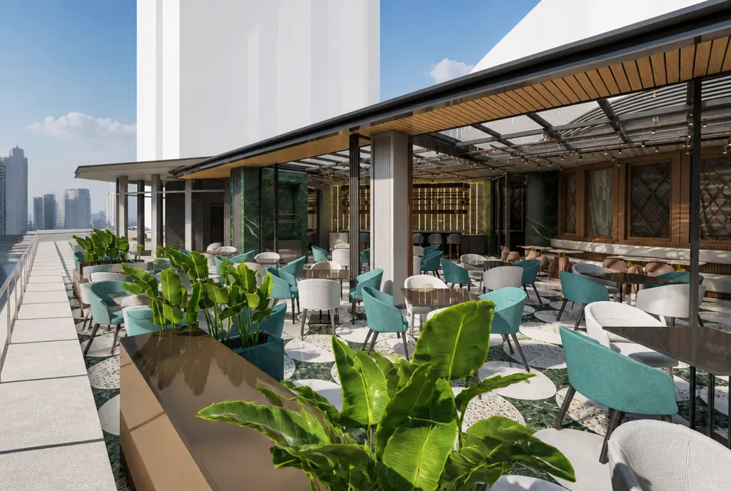 Cavista Dubai, rooftop restaurant terrace with teal chairs and the city skyline