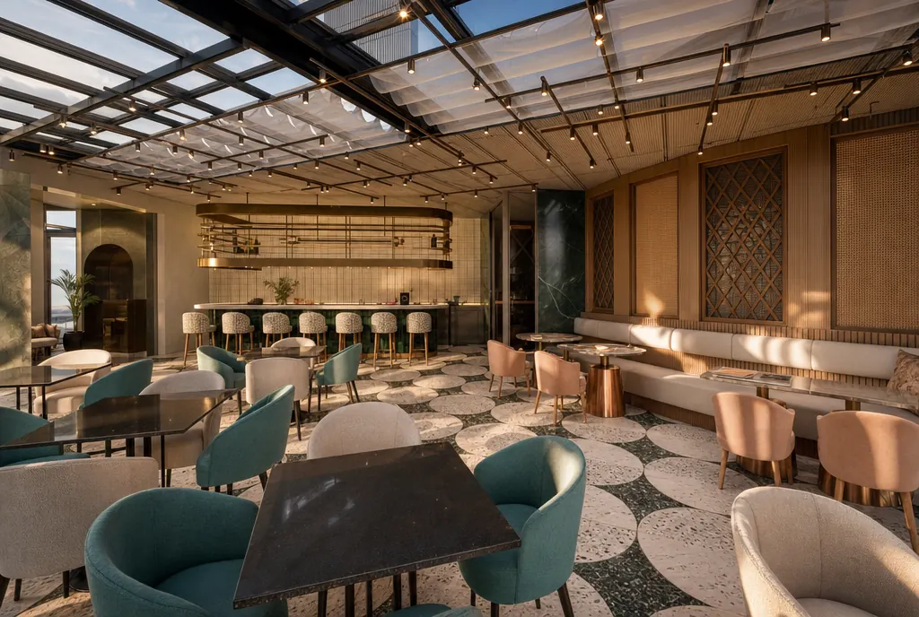 Cavista Dubai, dining room under a glass roof with a terrazzo floor and a bar