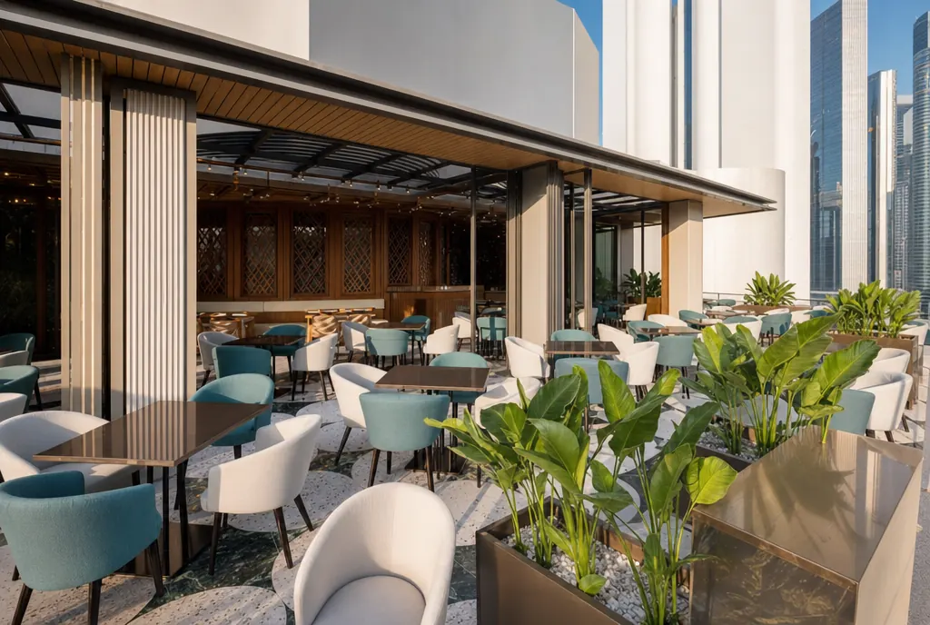 Cavista Dubai, terrace with planters and dining tables between the towers