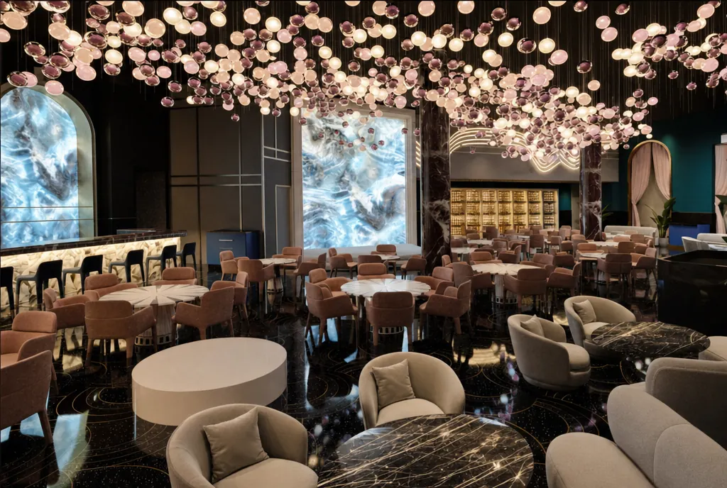 Cavista Dubai, dining room with a glass disc chandelier and marble tables