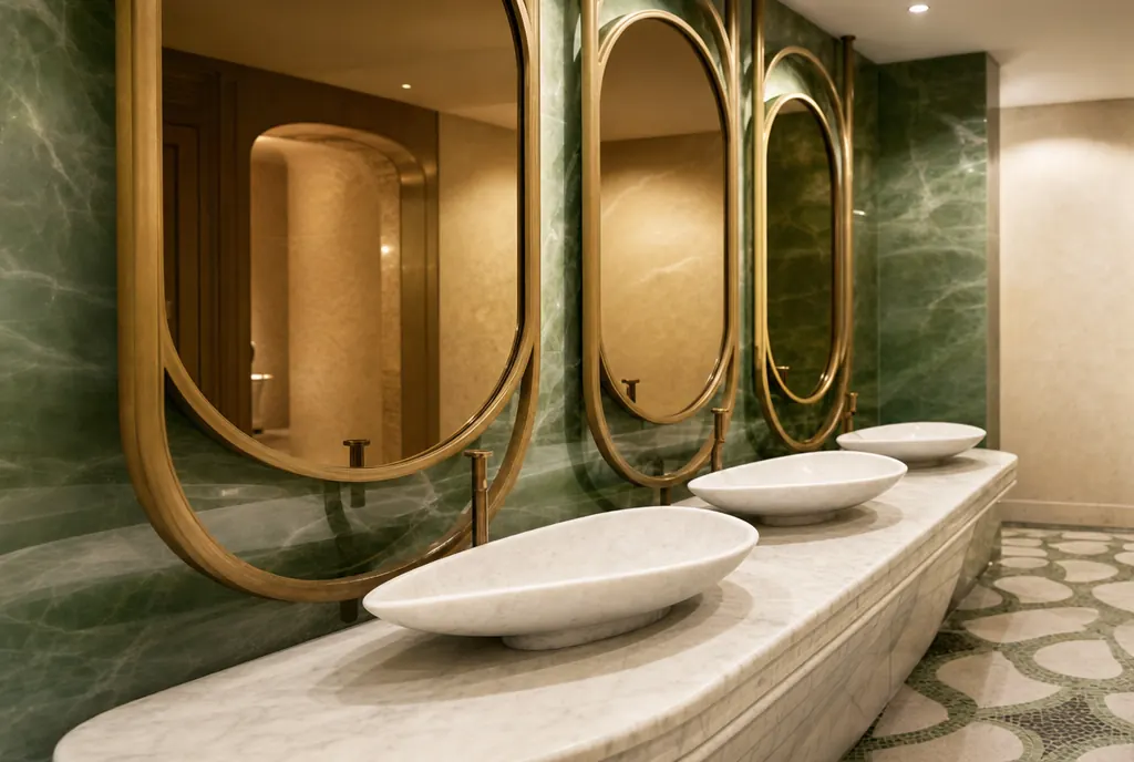 Cavista Dubai, restroom with green marble, oval brass mirrors and stone basins
