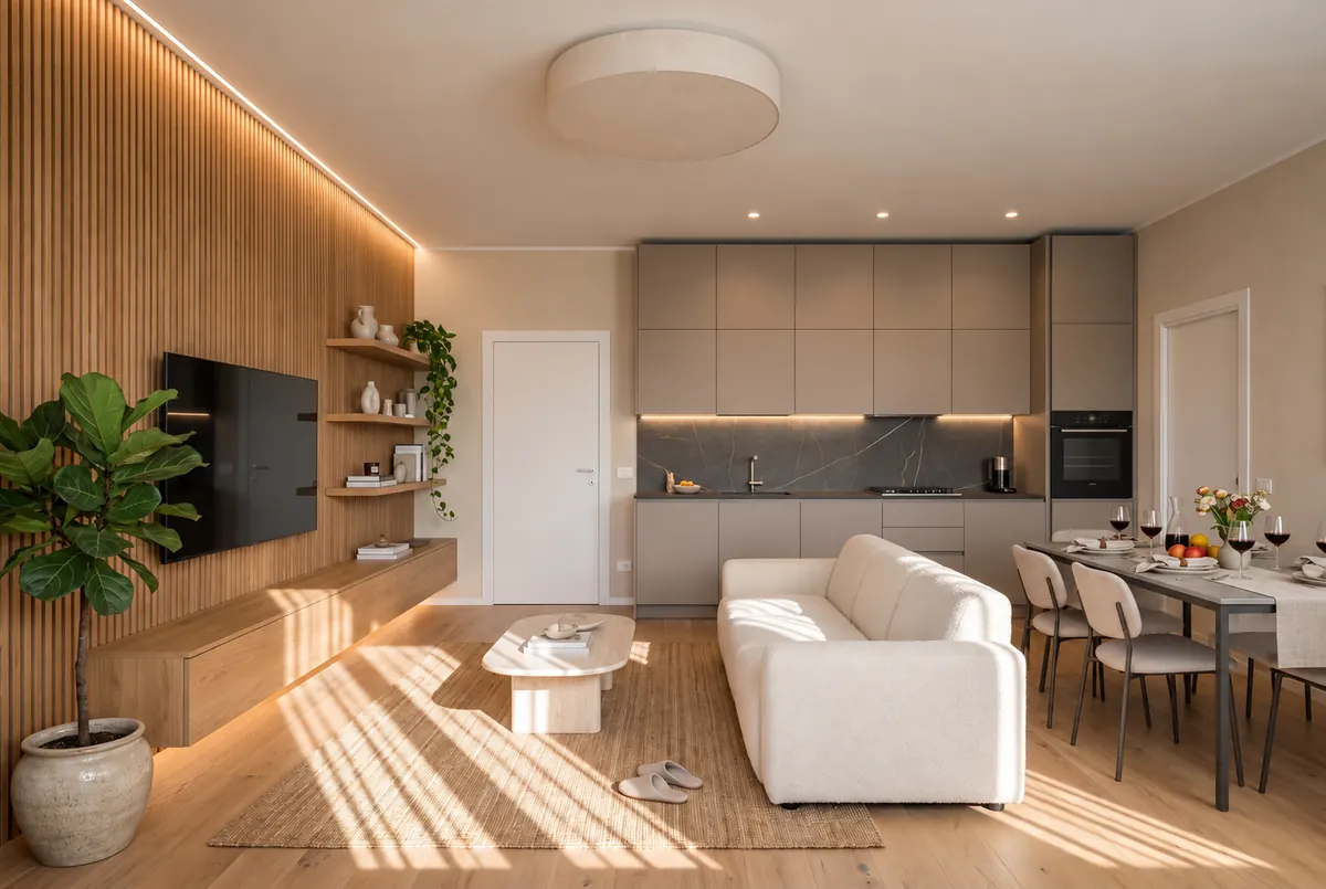 Alma Residence, open living room with kitchen, sofa and dining table in afternoon light