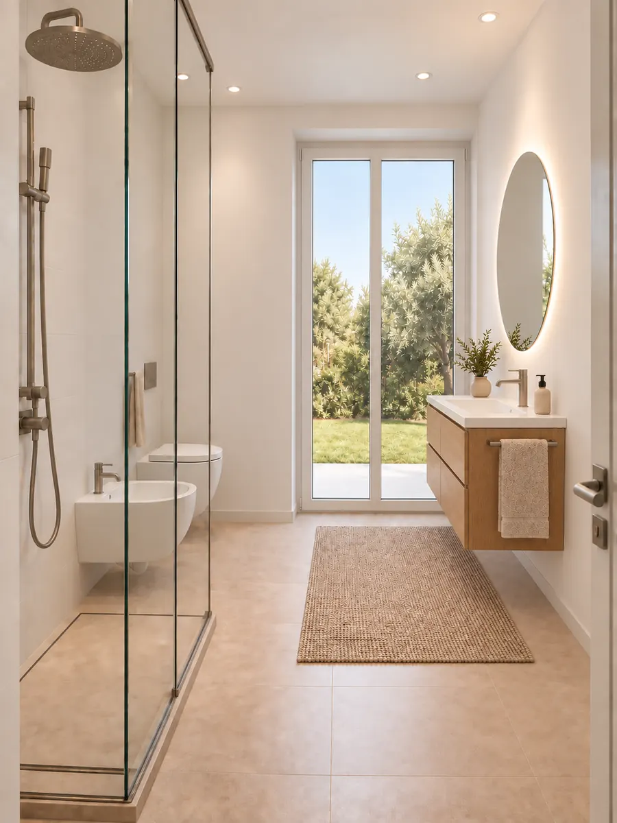 Alma Residence, bathroom with a walk-in shower and a window onto the garden