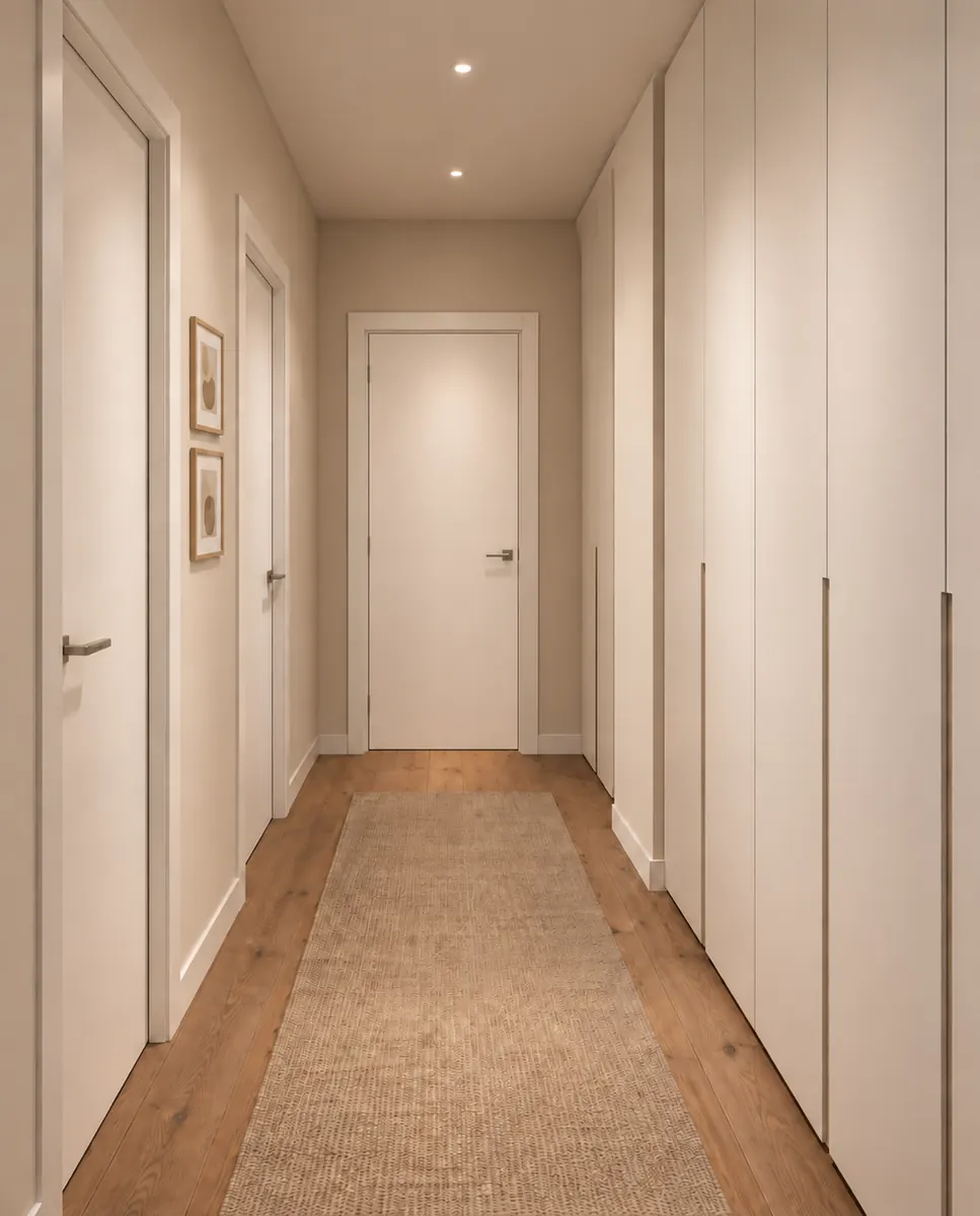Alma Residence, corridor with built-in wardrobes and a runner