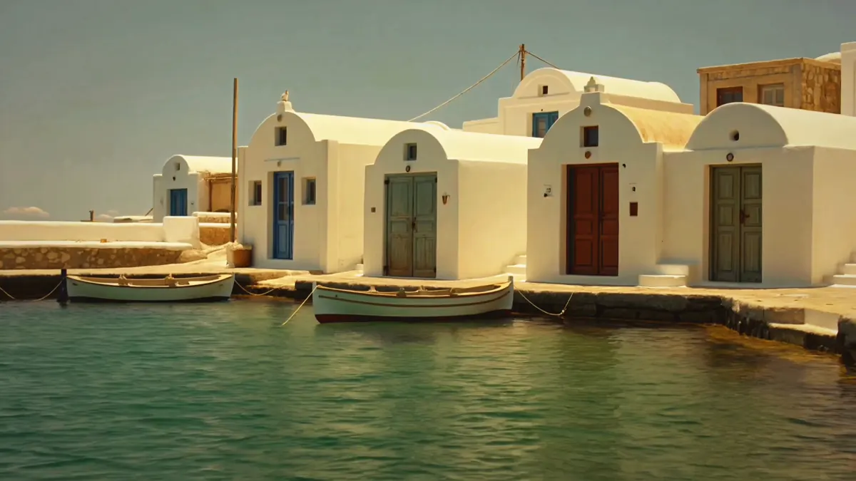 Greece Retreat, whitewashed boathouses with coloured doors on the water