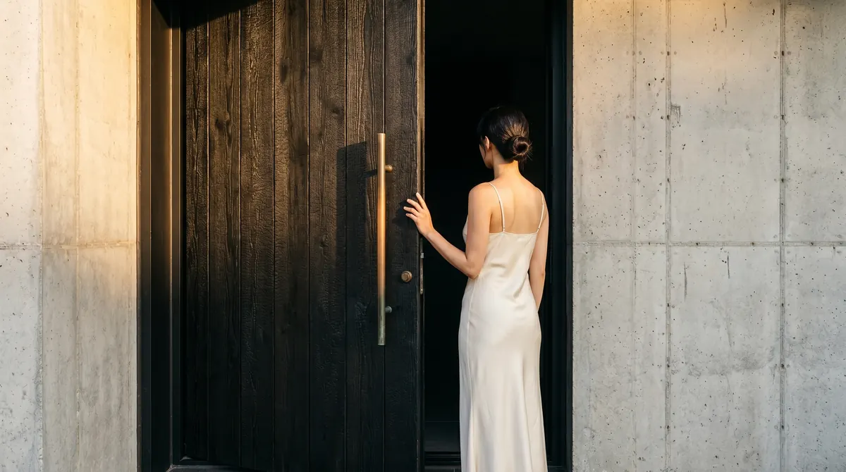 Naoshima House, a woman opening the tall dark wooden front door