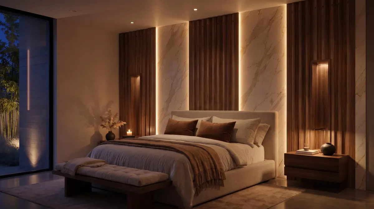 Naoshima House, bedroom with wooden slats, marble and soft lighting