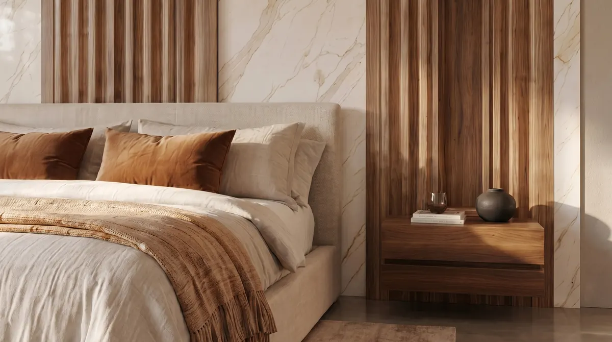 Naoshima House, close-up of the bed with linen and a wooden bedside table