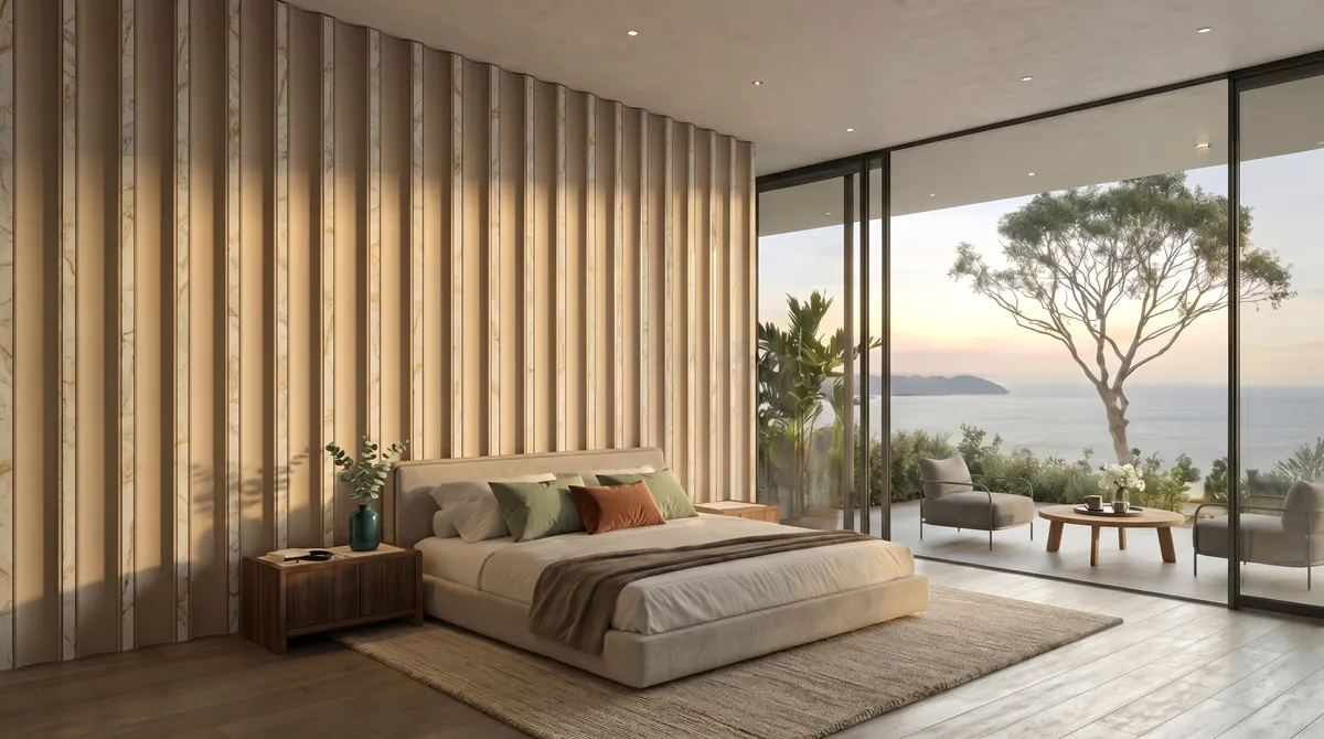Seaview Suites, suite bedroom with glazing open onto the sea at sunset