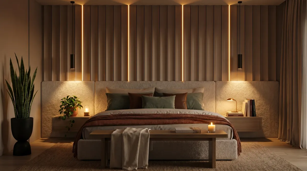 Seaview Suites, bedroom with backlit wooden panels and plants