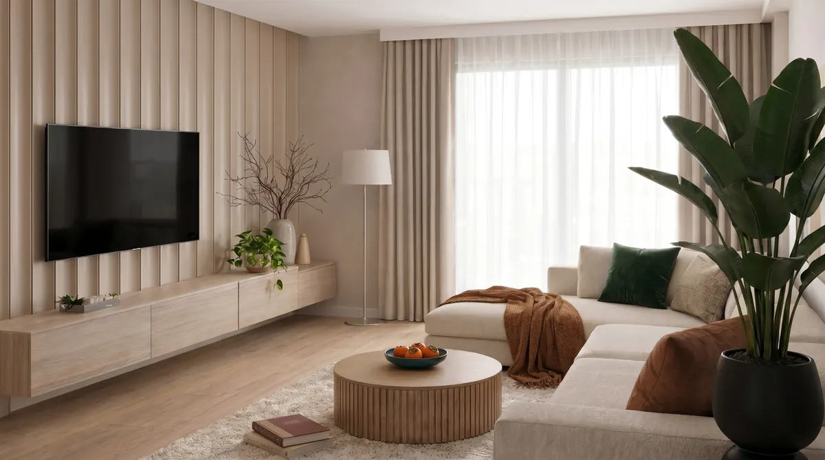 Seaview Suites, living room with sofa, round coffee table and TV wall by day