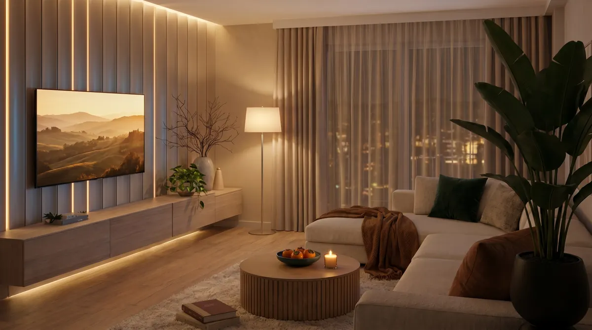 Seaview Suites, the same living room in the evening with soft lighting