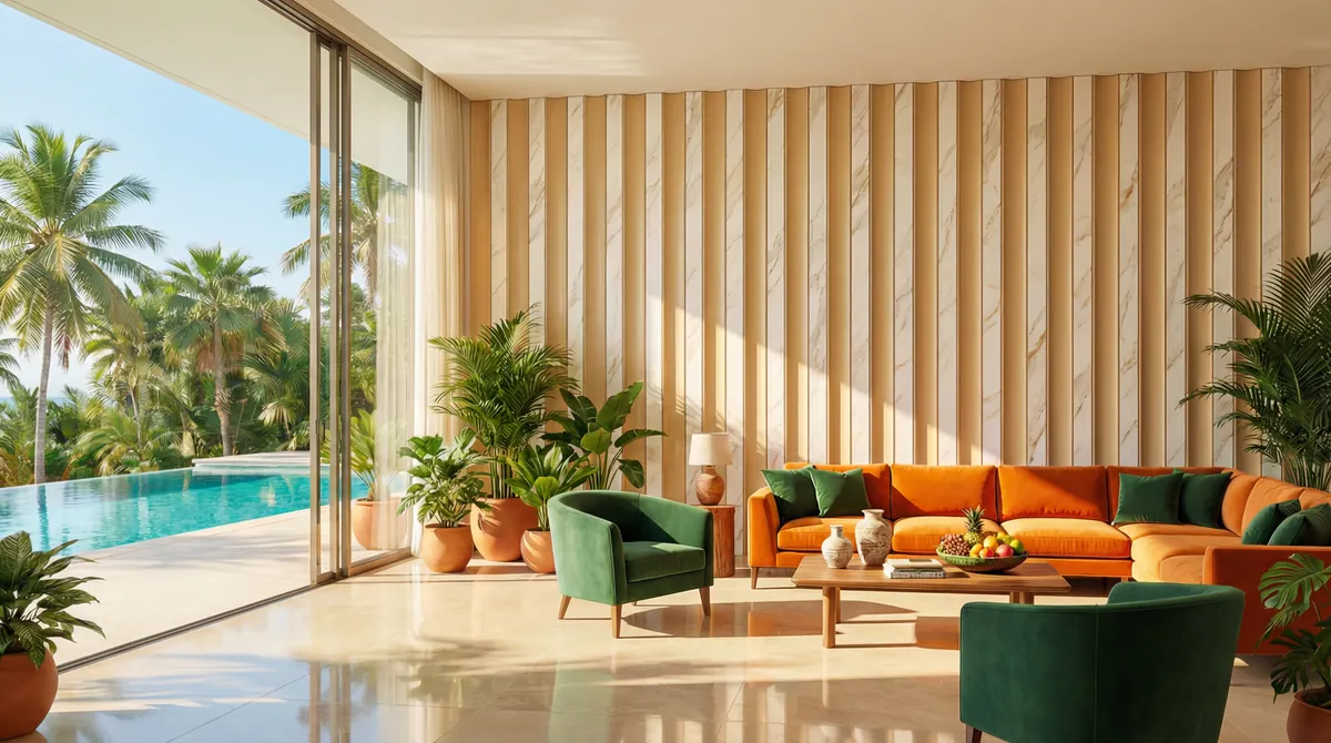 Alchimia Spaces, living room with orange and green sofas, wooden slats and a pool among palms