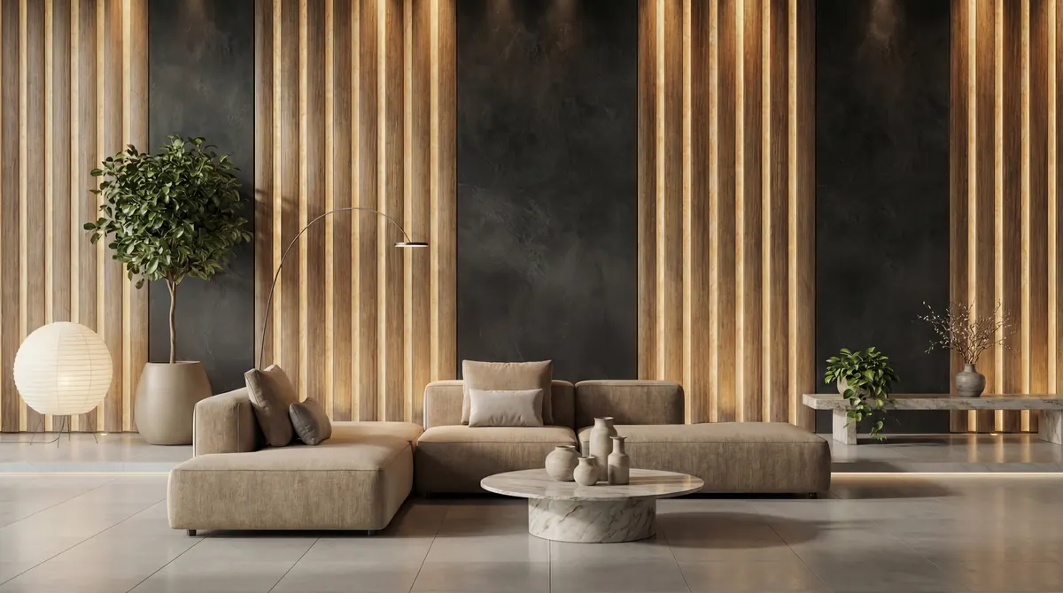 Alchimia Spaces, lounge with a sofa, a paper lamp and dark stone panels