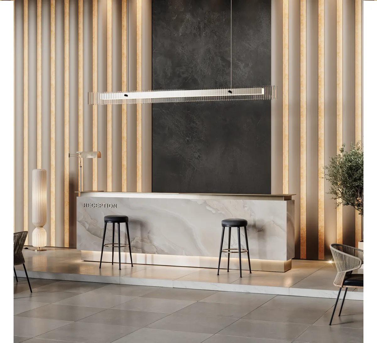 Alchimia Spaces, stone reception desk with bar stools