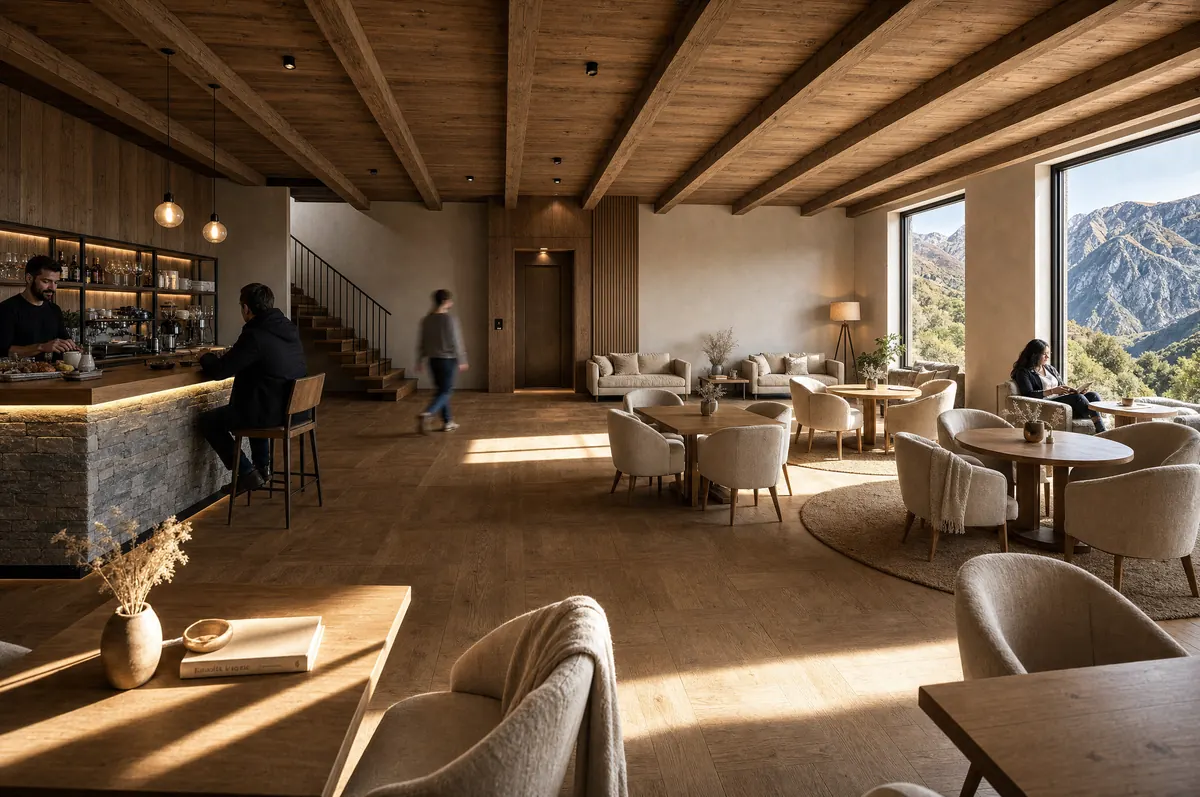 Mountain Hotel, lounge and bar with wooden beams and a view of the mountains