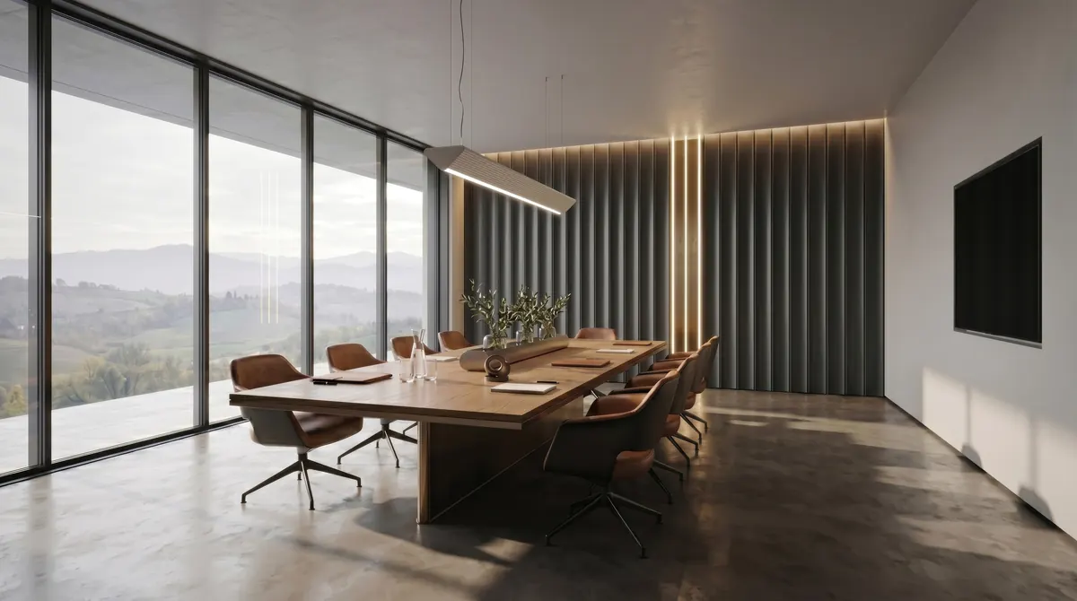 Offices, meeting room with a long wooden table and glazing onto the hills