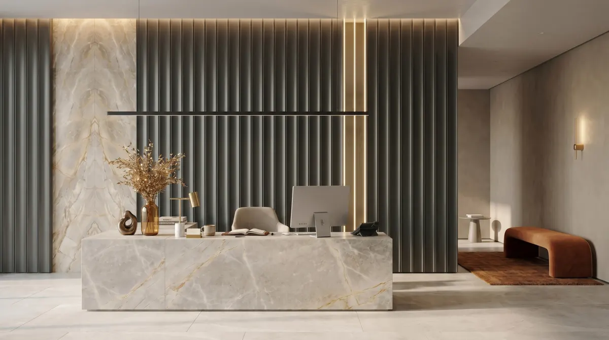 Offices, reception with a marble desk and a backlit fluted wall