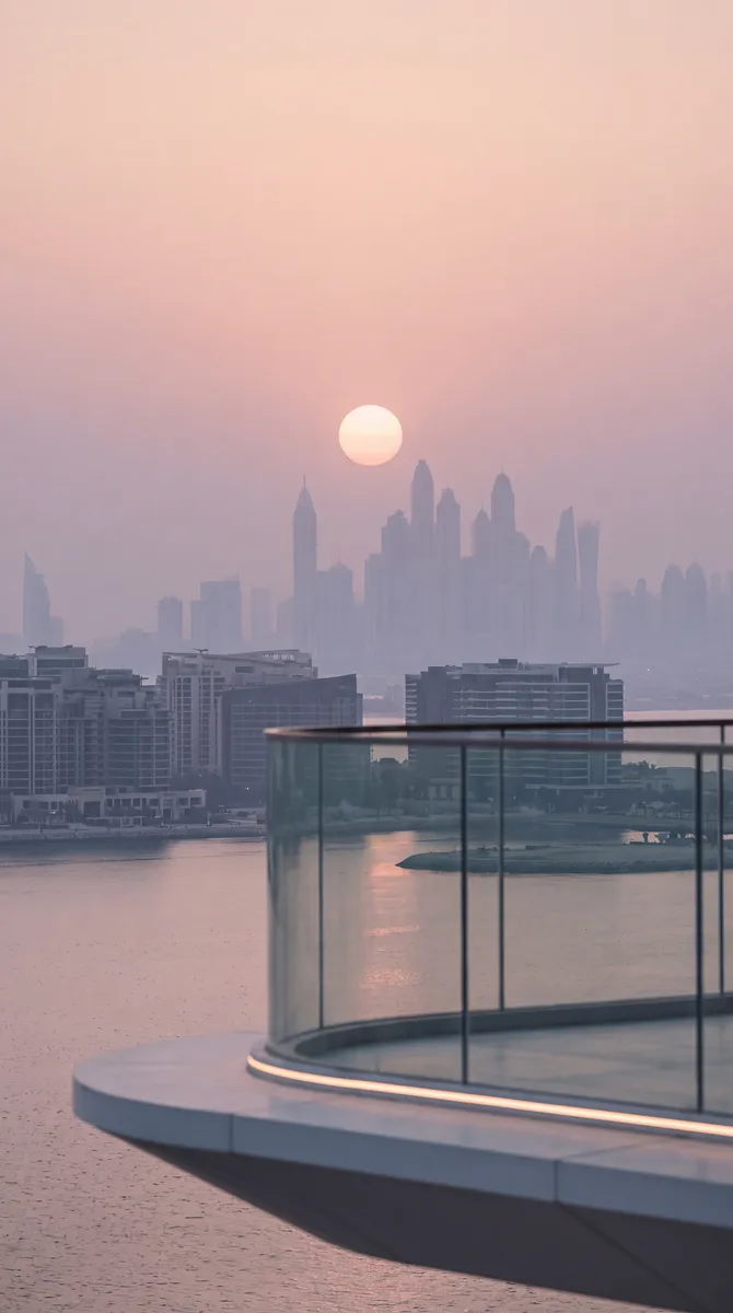 Samar Residences, the sun low over the skyline, seen past the glass balustrade